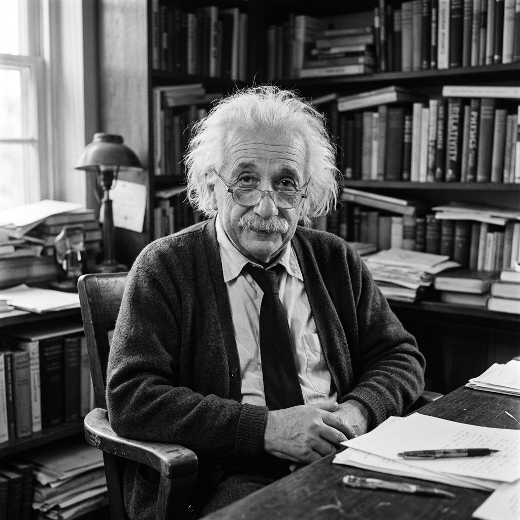 Albert Einstein seated at a desk in a room filled with bookshelves, papers, and a lamp