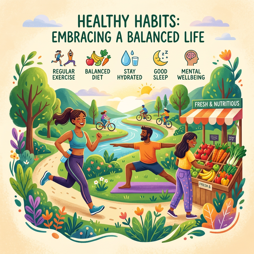 People exercising, biking, shopping fresh fruits and vegetables with healthy habits icons
