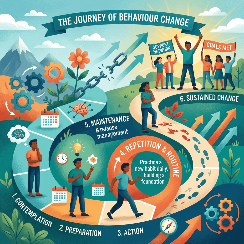 Diagram illustrating the journey of behaviour change with six stages: contemplation, preparation, action, repetition and routine, maintenance, and sustained change