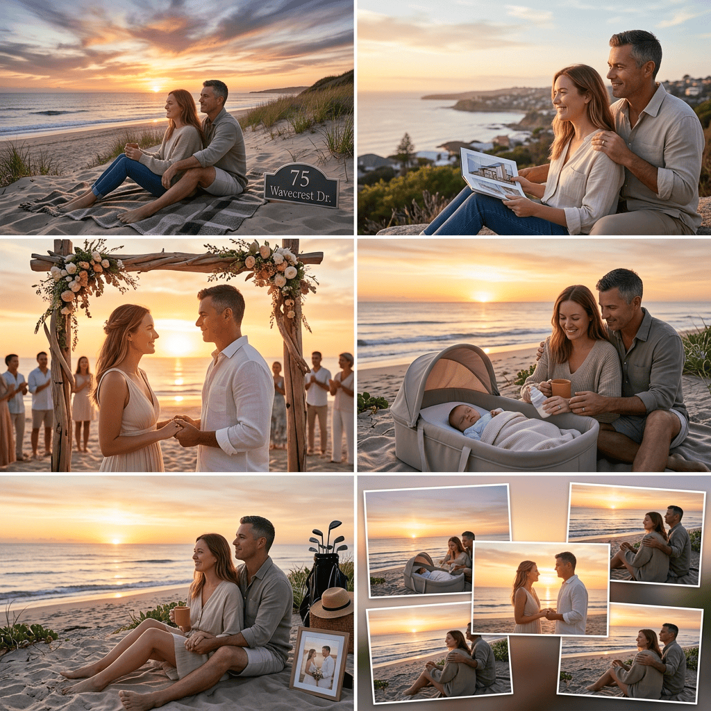 Couple sharing romantic and family moments on a beach at sunset