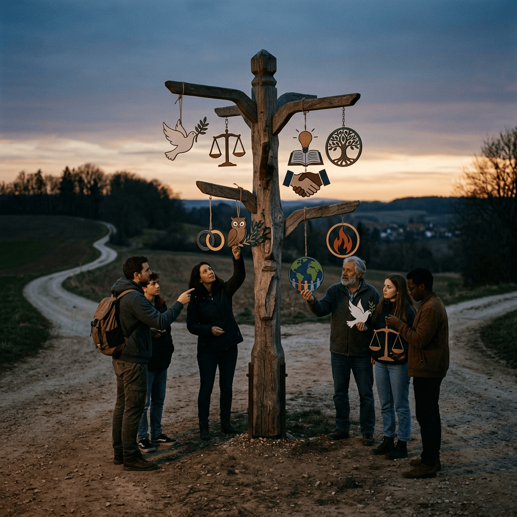 People gathered around a wooden signpost with symbols including a dove, scales, lightbulb, handshake, tree, owl, fire, and globe