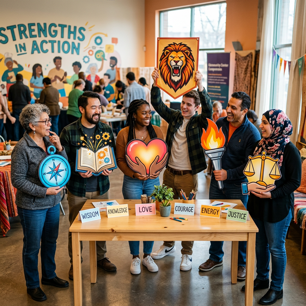Six people holding symbols for wisdom, knowledge, love, courage, energy, and justice at a community event