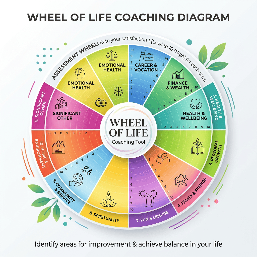 Wheel of Life coaching tool assessing satisfaction in 11 life areas from 1 to 10