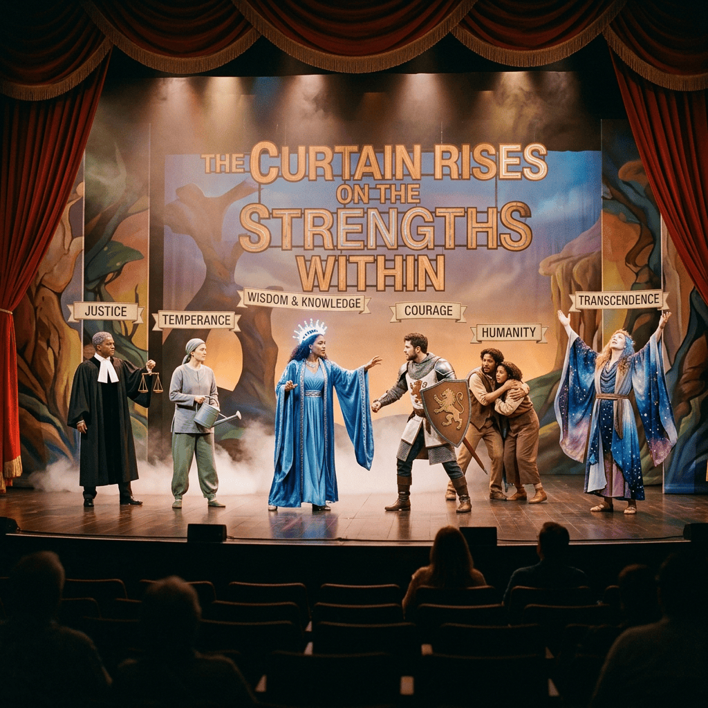 Stage scene with actors representing justice, temperance, wisdom, courage, humanity, and transcendence