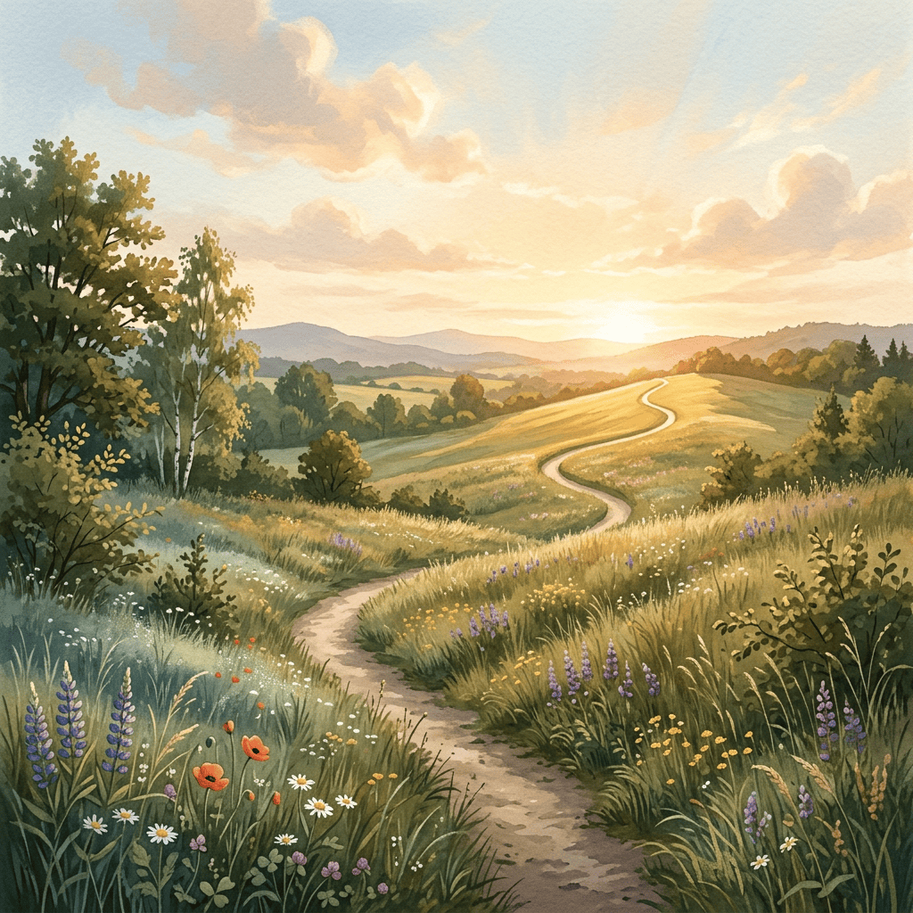 Winding path through a wildflower meadow toward sunset-lit rolling hills